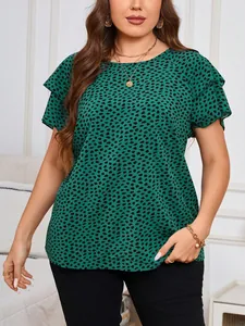 Plus size green ruffle short sleeve top with irregular black polka dot print design