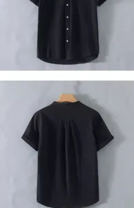 Klassisches schwarzes Leinenhemd mit Stehkragen und kurzen Ärmeln für Herren im Retro-Stil