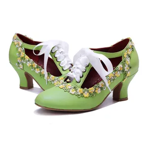 Vintage green leather Mary Jane heels with lace floral embroidery and ribbon laces