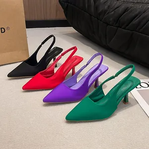 Fashionable pointed toe slingback high heel sandals in black, red, purple, and green.