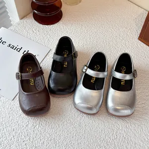 Elegant girls' British style square toe Mary Jane shoes in black, brown, and silver