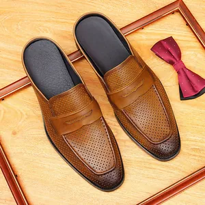 Mules de Cuero Genuino para Hombre Verano Calado Punta Estrecha Negocios Casual Sin Cordones Zapatos de Cuero Transpirables