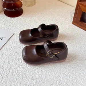 Vintage brown children's British style Mary Jane shoes with square toe and buckle