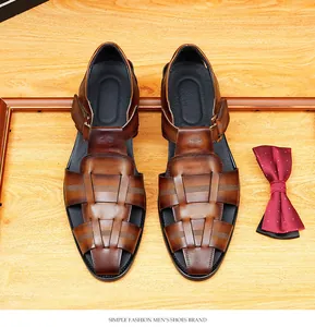 Top down view of premium brown woven leather men's closed-toe sandals for summer