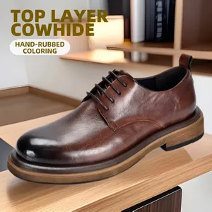 Zapatos Derby de Hombre de Cuero de Vaca de Primera Capa Estilo Británico Punta Redonda Con Cordones Business Casual