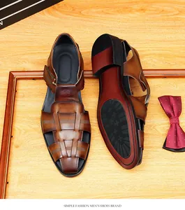 Close-up detail of men's woven leather sandals showing upper design and durable non-slip sole.