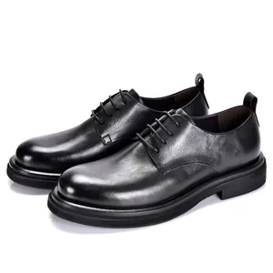 Zapatos derby clásicos de cuero genuino negro para hombre con punta redonda y suela gruesa