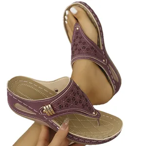 Stylish summer women's wedge thong sandals with purple hollow-out design and gold buckle