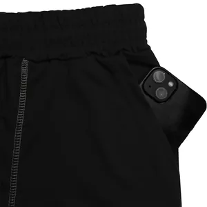 Close-up of black sports shorts pocket with smartphone to show storage depth