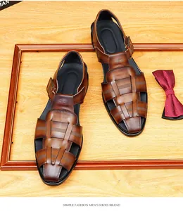 Close-up of premium brown woven leather men's sandals with stylish buckle strap detail
