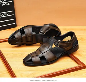 Detailed view of brown woven leather sandals with closed-toe design for men's casual wear