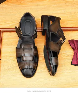 Detailed macro view showing the premium woven leather texture of these men's closed-toe sandals