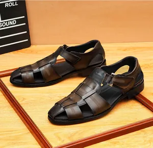 Detailed shot of men's classic woven leather closed-toe sandals in vintage brown