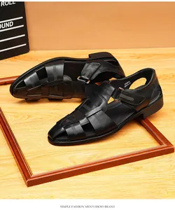 Elegant black woven cowhide leather closed-toe men's sandals displayed in a frame.