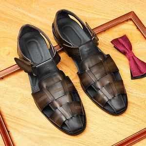 Men Cowhide Leather Sandals Woven Closed Toe British Casual Summer Breathable Non-slip Walking Shoes Soft Leather Sandals