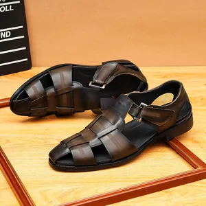 Classic men's brown woven leather closed-toe sandals for summer outdoor and casual wear