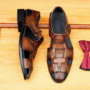 Premium brown leather men's woven closed-toe sandals with breathable design for summer