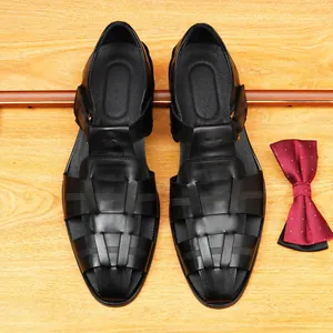 Men's woven leather closed-toe sandals in black, casual breathable summer footwear.