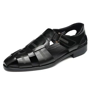 Premium black leather men's woven closed-toe sandals with breathable summer design