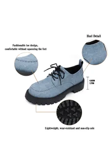 Detaillierte Merkmale blauer Damen-Denim-Loafer mit 4 cm Plateau und Anti-Rutsch-Sohle