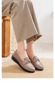 Khaki breathable perforated leather loafers with decorative bow and comfortable soft sole