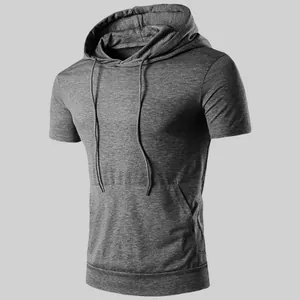 Detailed shot of men's short-sleeve athletic hoodie in soft heather grey cotton fabric.