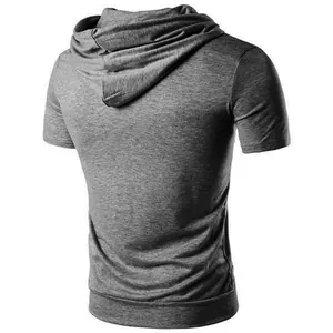 Detailed back view of a men's gray slim-fit hooded short sleeve t-shirt for sports