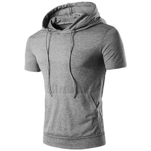Detailed view of gray men's short sleeve hooded t-shirt with front pocket and drawstrings