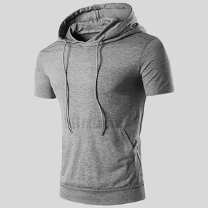 Detailed view of a men's slim fit short sleeve hooded gym t-shirt in melange grey