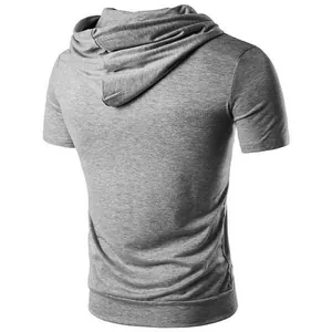 Close-up rear view of a men's athletic grey hooded short sleeve t-shirt for gym fitness