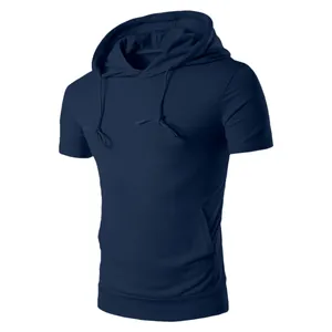 Navy blue short sleeve hoodie for men with drawstring hood and kangaroo pocket