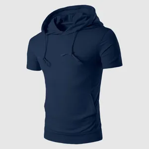 Detailed side view of a navy blue hooded short-sleeve athletic T-shirt for men's fitness