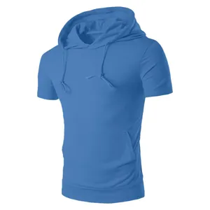 Close-up view of a blue men's short sleeve hoodie featuring a drawstring hood and pocket