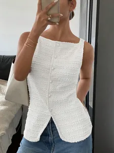 Women's Casual Sleeveless Button Front Tank Top Seersucker Textured Square Neck Solid Color Polyester Summer Top
