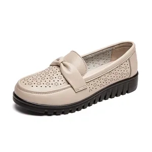 Comfortable beige genuine leather loafers for elderly women with hollow breathable design