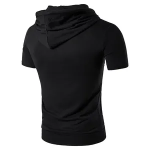 Back view of a premium black men's slim-fit hooded short-sleeved athletic gym T-shirt