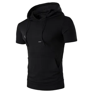 Black men's short-sleeved hoodie with drawstrings and front kangaroo pocket on white background