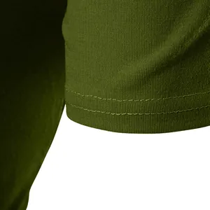 Macro detail showing high-quality double-stitched hem on army green men's hooded sports t-shirt