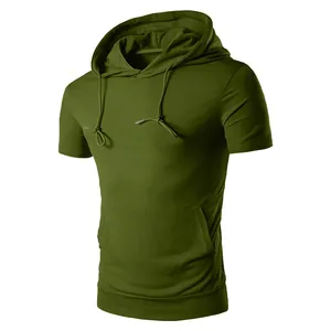 Men's casual olive green short sleeve hoodie with kangaroo pocket for gym and outdoor sports.