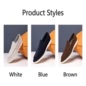 Classic men's casual slip-on loafers displayed in white, navy blue, and dark brown colors