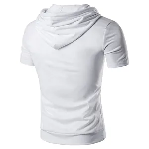Back view of men's white hooded short sleeve t-shirt showing hood and seam detail