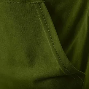 Close-up detail of the pocket stitching on an olive green hooded t-shirt