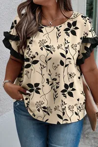 Vista dettagliata della camicetta beige a fiori da donna con maniche a balze nere