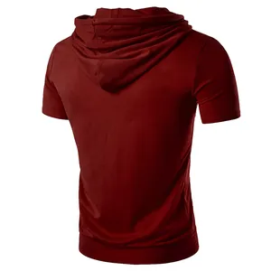 High-quality back view of a burgundy men's short sleeve hooded t-shirt for casual sport