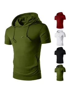 Men's casual solid color short sleeve hooded t-shirt with kangaroo pocket for fitness