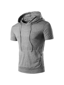 Men's athletic gray short sleeve hoodie t-shirt with kangaroo pocket for fitness
