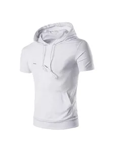 Men's plain white short sleeve hooded T-shirt with kangaroo pocket for casual sports