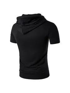 Men's slim fit solid black hooded short sleeve sports T-shirt shown from the back