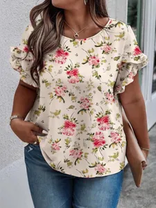Elegante camicetta a fiori con girocollo e maniche a balze per abbigliamento estivo