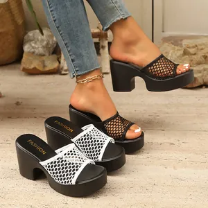 Detailed view of women's mesh platform block heel sandals in black and white colors.